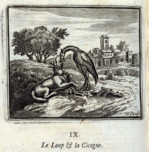 El lobo y la cigüeña. Fábulas de Jean de La Fontaine (1621-95). Ilustración de François Chauveau (1613-1676). Edición de 1728 de Francois Chauveau