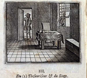 Tesorero y mono. Fábulas de Jean de La Fontaine (1621-95). Ilustración de François Chauveau (1613-1676). Edición de 1728 de Francois Chauveau