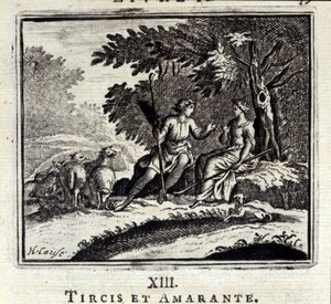 Tircis y Amarante. Fábulas de Jean de La Fontaine (1621-95). Ilustración de François Chauveau (1613-1676). Edición de 1728.