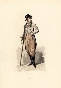 Hombre con abrigo holgado, chaleco, pantalones y botas de Francois Claudius (after) Compte Calix