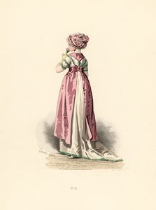 Mujer con vestido blanco y corsé con ribete verde, delantal rosa de Francois Claudius (after) Compte Calix