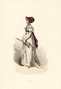 Mujer con vestido blanco con adornos color paja y cinturón de granate de Francois Claudius (after) Compte Calix