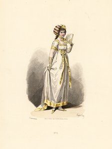 Mujer con vestido blanco con ribete amarillo y abanico de Francois Claudius (after) Compte Calix