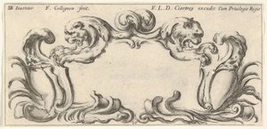 Placa 10: un cartucho con las cabezas de dos leones en perfil a la izquierda y derecha, ca. 1640-45 de Francois Collignon