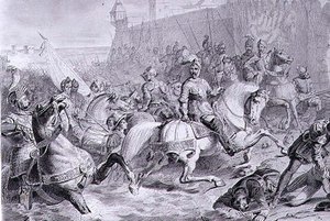 La toma de Calais por Francisco, 2º Duque de Guisa (1519-63) en 1558, grabado por Amedee Felix Barthelemy Geilee (1802-43) de Francois Edouard (after) Picot