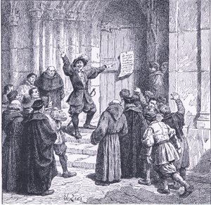 Robert Aske fijando su proclamación en la puerta de la Catedral de York, de la Historia del Pueblo Británico de Cassell publicada por la Waverley Book Company, c.1950 de Francois Edouard Zier