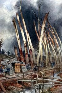 La Ofensiva de Yser (1917). Línea francesa cerca de Het-Sas poco antes del 31 de julio. Soldados esperando órdenes entre árboles destrozados por los disparos de los enfrentamientos anteriores. Pintura de Francois Flameng (1856-1923), francés. de Francois Flameng