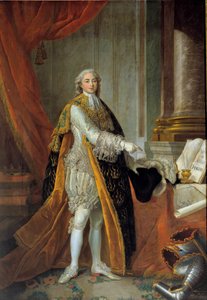 Retrato de Luis Estanislao Javier de Francia (futuro Luis XVIII), Conde de Provenza (1755-1824) en gran vestimenta de la Orden del Espíritu Santo y presentando los Privilegios de la Ciudad de Angers