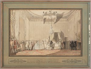 Interior del dormitorio en Versalles de Marie-Thérèse de Savoie, condesa de Artois, el día del nacimiento de Louis-Antoine d