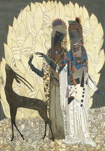 Dos mujeres estilizadas con un antílope entre follajes, c.1928 de Francois Louis (after) Schmied