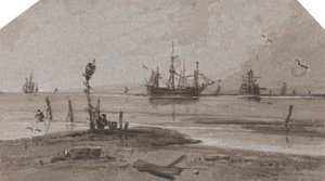 Barcos anclados en alta mar en un mar en calma de Francois Louis Thomas Francia