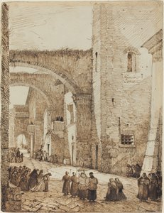 Un sacerdote procesionando por una calle medieval en Viterbo de Francois Marius Granet