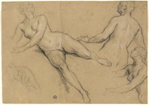 Hoja de estudios: Tres mujeres y una mano (anverso); Bocetos de desnudos masculinos, cabezas y mano (reverso) de Francois Marot