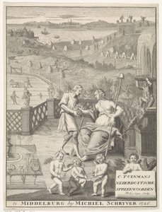 Virgen holandesa recibe flores de un jardinero Página de título para: Carolus Tuinman, El origen y la interpretación de (...) Proverbios Nederduitsche, 1726. de Francois Morellon la Cave