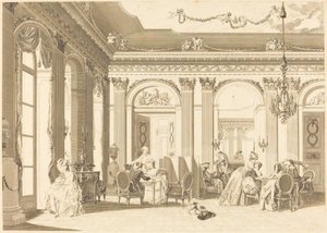 La asamblea en el salón de Francois Nicolas Barthelemy Dequevauviller after Nicolas Lavreince