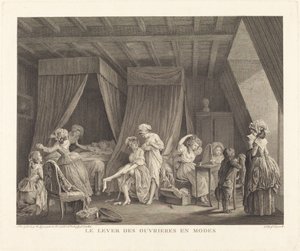 El despertar de las obreras de moda de Francois Nicolas Barthelemy Dequevauviller after Nicolas Lavreince