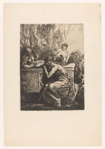 Actuación clásica con hombres alrededor de un sarcófago. Homme devant un tombeau antiguo Improvisaciones sur cuivre (título de la serie) de Francois Nicolas Chifflart