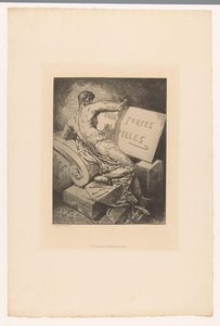 Impresión de título con hombre en monumento de piedra Eaux Fortes Nouvelles (título sobre el objeto) Aguafuertes de varios grabadores de 1877 (título de la serie) L