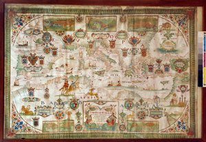 Mapa geográfico del mar Mediterráneo que muestra las costas de Europa (Francia, España, Italia y África (Túnez, Argelia, Egipto). El mar está poblado de monstruos y carabelas, mientras que en la tierra se ven todo tipo de animales y habitantes de la regi de Francois Ollive