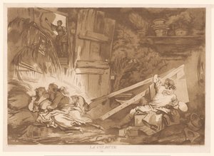 Un joven que tropieza se cae sobre una mujer que está siendo pintada
La Culbute (título en el objeto) de Francois Philippe Charpentier