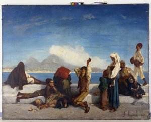 Los Lazzaroni, personajes del pueblo napolitano. Vista del Golfo de Nápoles (óleo sobre lienzo) de Francois Reynaud