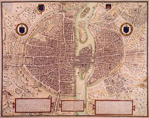 Mapa de la ciudad de París en 1540-1555 llamado del tapiz. Grabado de Francois Roger de Gaignieres de Francois Roger de Gaignieres