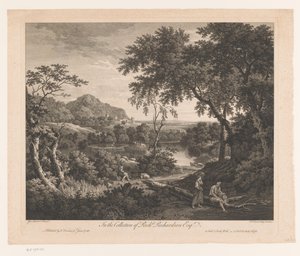 paisaje con pastor y dos figuras junto a una piscina de Francois Vivares