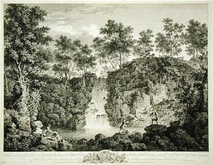 Vista de una cascada en Bolton Park, Craven, Yorkshire, publicada en 1753 (grabado) de Francois Vivarez