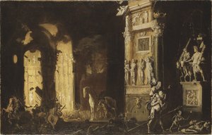El incendio de Troya con Eneas llevando a Anquises, por Nome, François de de Francois de Nome