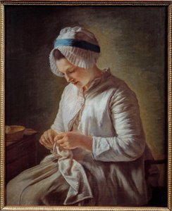 Retrato de una mujer tejiendo. Pintura de Françoise Duparc (1726-1778) de Francoise Duparc