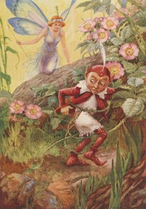 Nymphidia y Puck, de Nymphidia por Michael Drayton (litografía en color) de Frank Adams
