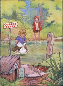 El pato los llevó uno a uno en su espalda, de Hansel y Gretel publicado por Blackie & Son Limited, c.1940 de Frank Adams