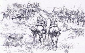 La caballería y artillería de Buller avanzando en Bergendal, ilustración de Después de Pretoria: La Guerra de Guerrillas, 1902 de Frank Algenon Stewart