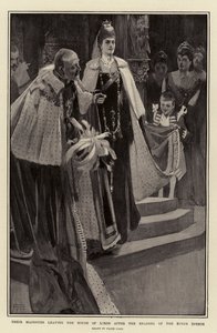 Sus Majestades saliendo de la Casa de los Lores después de la lectura del discurso del Rey de Frank Craig