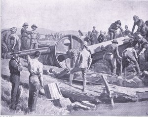 Pasando un cañón por un lugar difícil, ilustración de Después de Pretoria: La Guerra de Guerrillas, 1902 de Frank Dadd