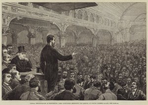 Demostración liberal en Manchester, Lord Hartington dirigiéndose a la reunión en Pomona Gardens Palace