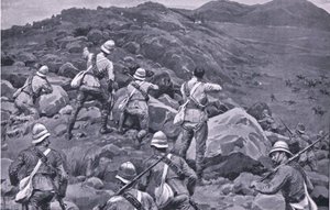 Persecución de la retaguardia de De Wet en Takesberg, de Después de Pretoria: La Guerra de Guerrillas publicada por Harmsworth Bros Limited de Frank Dadd