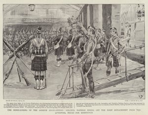 El regreso a casa de los Gordon Highlanders, el coronel Mathias despidiendo al primer destacamento desde los muelles de Liverpool hacia Edimburgo