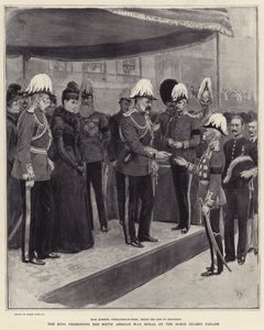 El rey presentando la medalla de la Guerra de Sudáfrica en el desfile de Horse Guards de Frank Dadd
