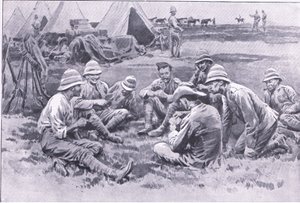 Soldados cansados disfrutando de un descanso, de Después de Pretoria: La Guerra de Guerrillas publicado por Harmsworth Bros Limited, 1901