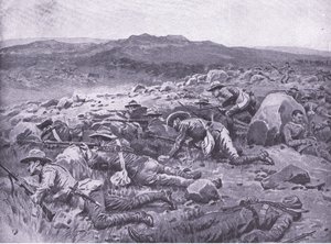 Con los Bushmen Imperiales de Queensland en Rhenoster Kop el 29 de noviembre de 1900 (ilustración de After Pretoria: The Guerilla War, 1902) de Frank Dadd