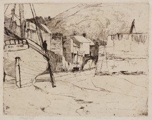 Puerto de Polperro con puente (grabado) de Frank and Goulding Frederick Short