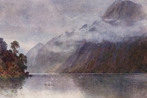 Nueva Zelanda: En Milford Sound (litografía en color) de Frank H Wright