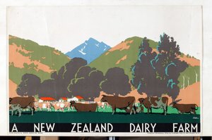 Una granja lechera neozelandesa, de la serie "Buy New Zealand Produce" [6319386] (litografía en color) de Frank Newbould