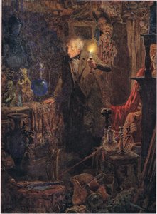 Era un ancianito de pelo largo y gris, cuyo rostro y figura, mientras sostenía la luz por encima de su cabeza y miraba ante sí, c.1920 (litografía en color). de Frank Reynolds
