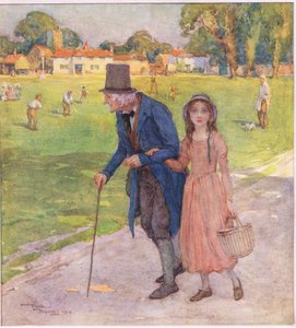 Era un lugar muy pequeño. Los hombres y los niños jugaban al críquet en el green, c.1920 (litografía en color) de Frank Reynolds