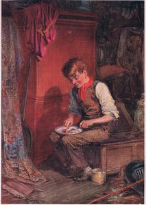 Kit lleva una gran rebanada de pan y carne a un rincón, y se aplica a disponer de ella con gran voracidad , c.1920 (litografía en color) de Frank Reynolds