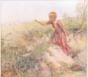 Poco después del amanecer, salió de la tienda y se adentró en unos campos a poca distancia arrancando unas cuantas rosas, c.1920 (litografía en color). de Frank Reynolds