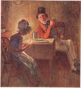 La Marquesa sosteniendo sus cartas muy apretadas en ambas manos, considerando cuales jugar, c.1920 (litografía en color) de Frank Reynolds