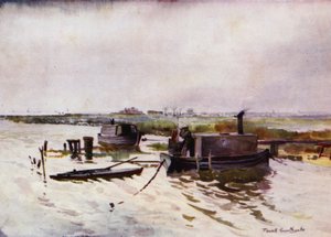 Norfolk Broads: Casas flotantes de cazadores en Breydon (litografía en color) de Frank Southgate